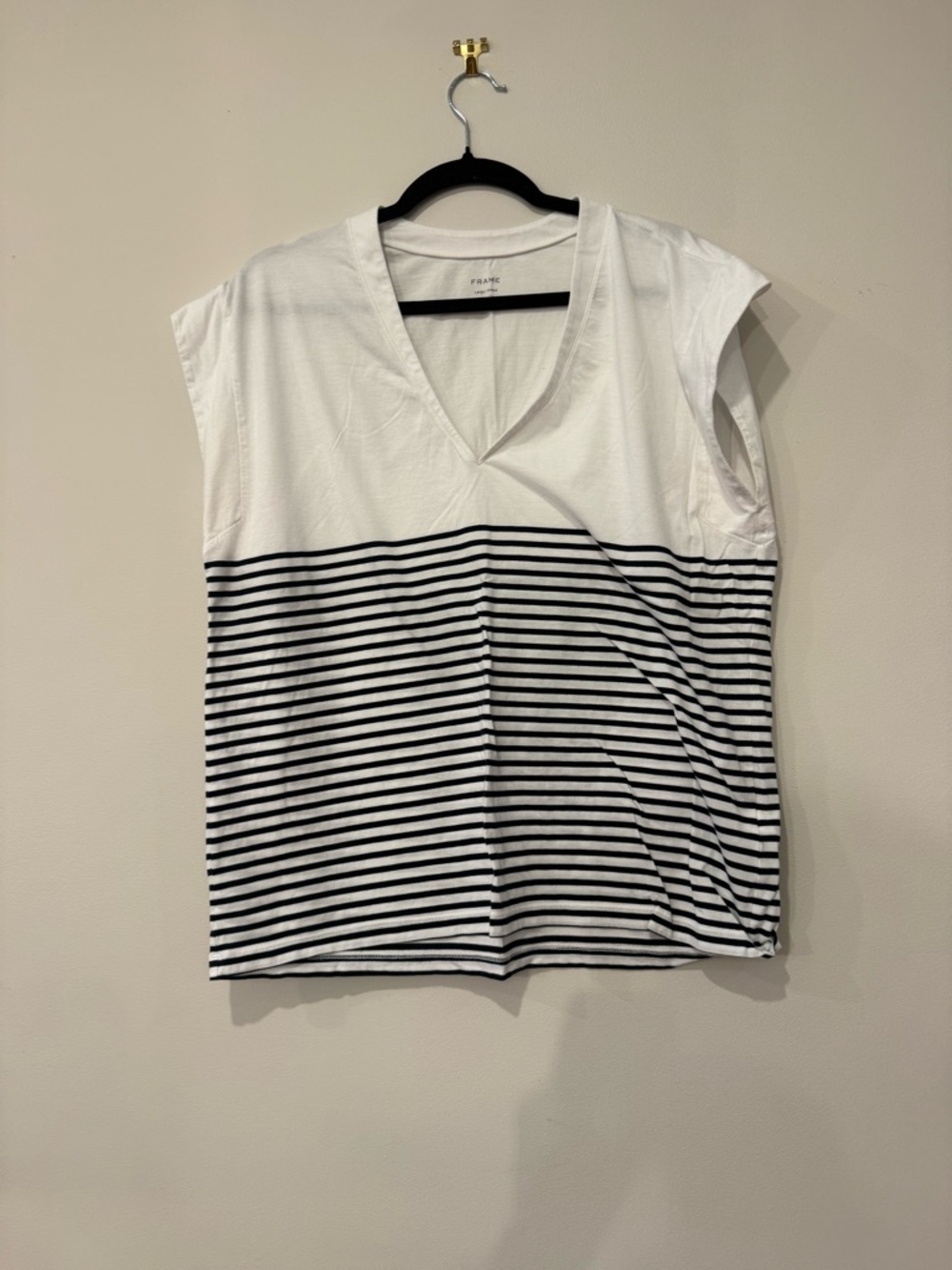 Frame Denim White and Black Striped V-Neck Cap-Sleeve Tee